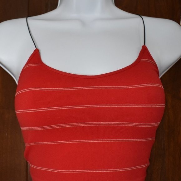Womens Seamless Red and White Striped Spaghetti String Cropped Tank Top - Picture 5 of 11